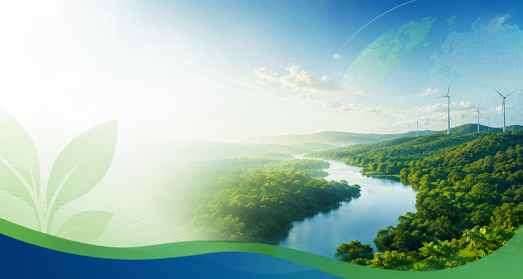 Paisagem natural com rio, montanhas e energia eólica